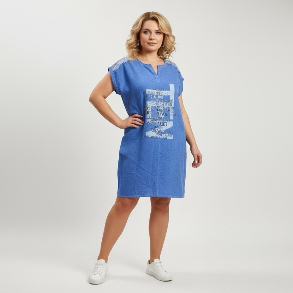 Blue Women's Cotton + Linen Dress‎ Made in Italy Graphic Print Shift Dress